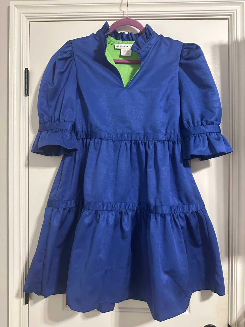 Gretchen Scott Blue Green  Tear Drop Ruffle Collar Shift Dress Size Small